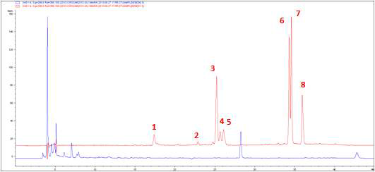 엉겅퀴 줄기 추출물의 RRLC Chromatogram (red=standard, blue=extract)