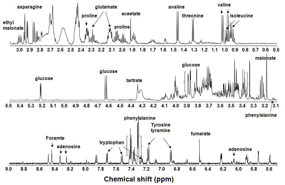 흰 민들레 잎(3차시료) D2O 추출물의 NMR spectrum