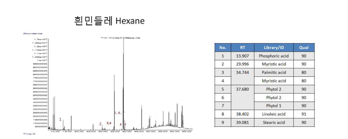 GC-MS를 이용한 흰민들레 Hexane 추출물의 대사산물 분석