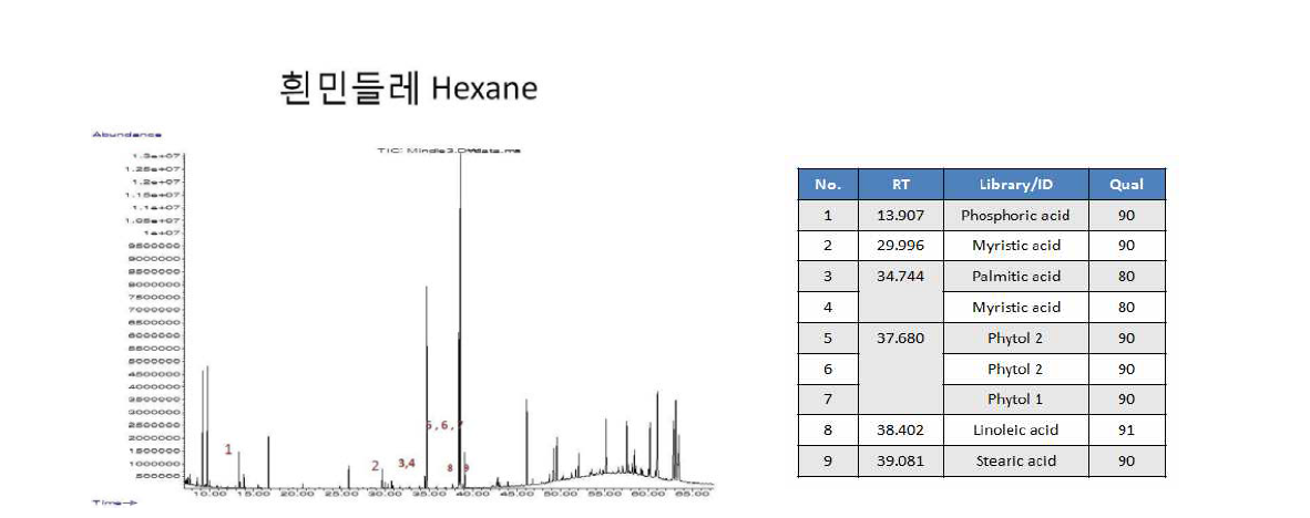 흰민들레 Hexane 추출물의 GC/MS 분석