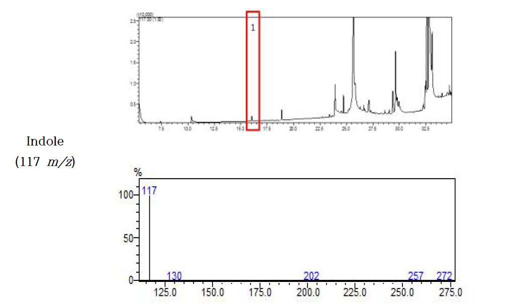 돈육 중 indole의 GC-MS chromatogram과 MS spectrum (SIM mode)