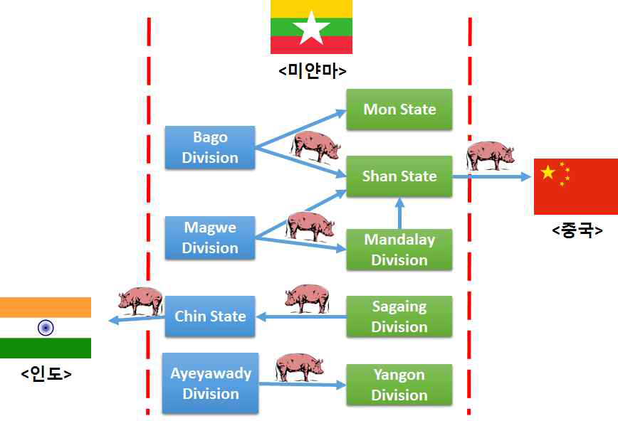 미얀마의 인도 및 중국으로의 돼지 수출 체계