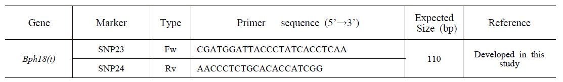 벼멸구 저항성의 분자 선별을 위한 Bph18(t)에 대한 HRM primer sequence