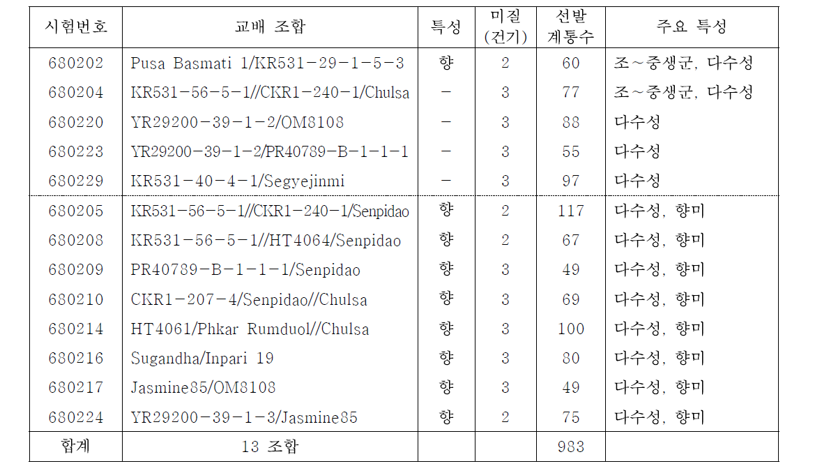 F2 집단 선발 및 주요 특성