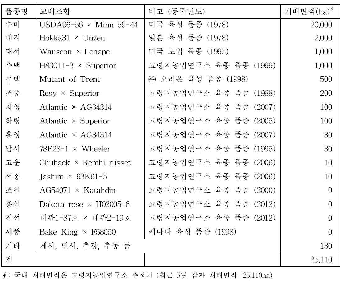 국내 주요 재배 감자 품종 리스트