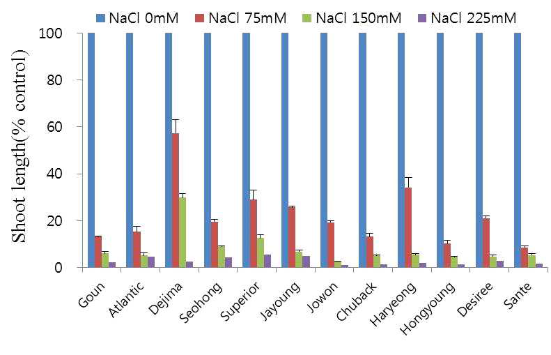 Effects of different NaCl concentrations on shoot length of plantlets of twelve cultivars after 45 days of in vitro culture