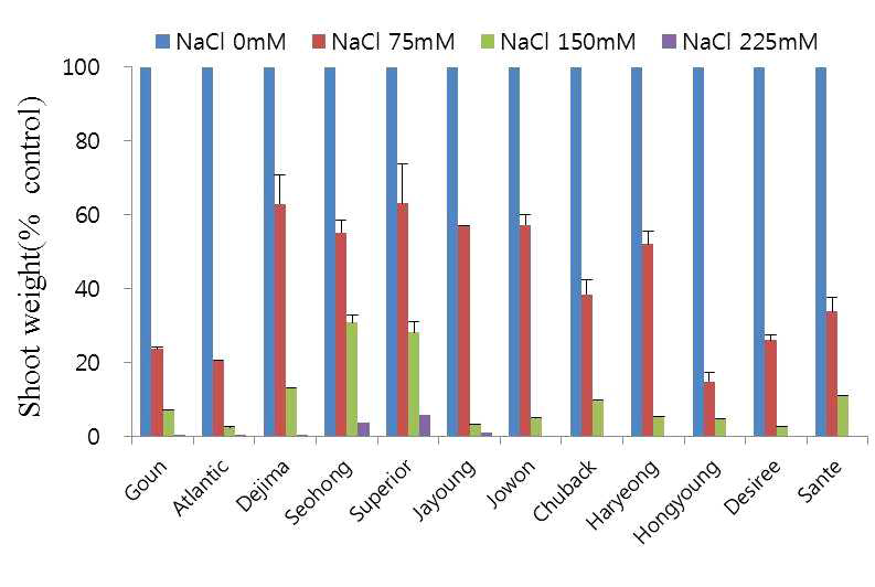 Effects of different NaCl concentrations on shoot weight of plantlets of twelve cultivars after 45 days of in vitro culture