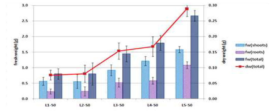 광량(경광등 개수)에 따른 생체중과 건물중