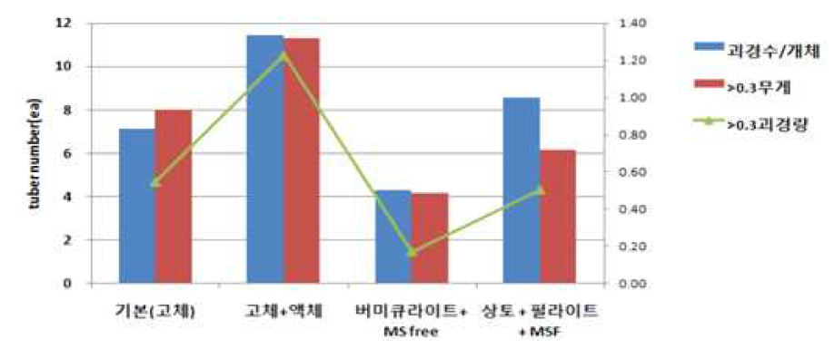 1-2배양 고형물에 따른 2배양에서의 소괴경의 개수 및 무게