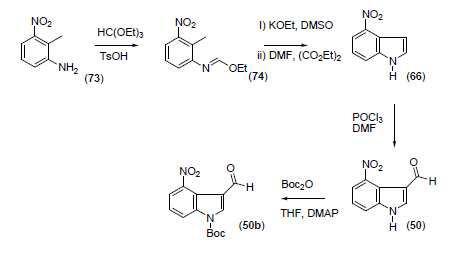 N-Boc-4-nitroindole-3-carbaldehyde의 합성 단계