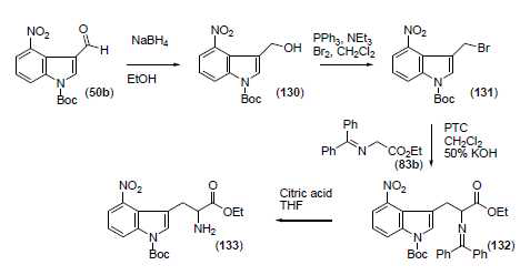 t-Butyl-3-(2-amino-3-ethoxy-3-oxopropyl)-4-nitroinole-1-carboxylate의 합성