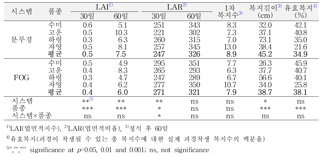 봄 재배 시 식물체 생장 특성