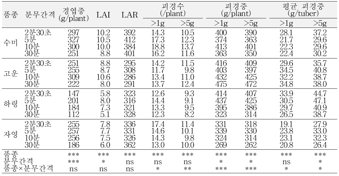 봄 재배 시 분무 간격에 따른 생장(56일째) 및 수량(87일째) 특성