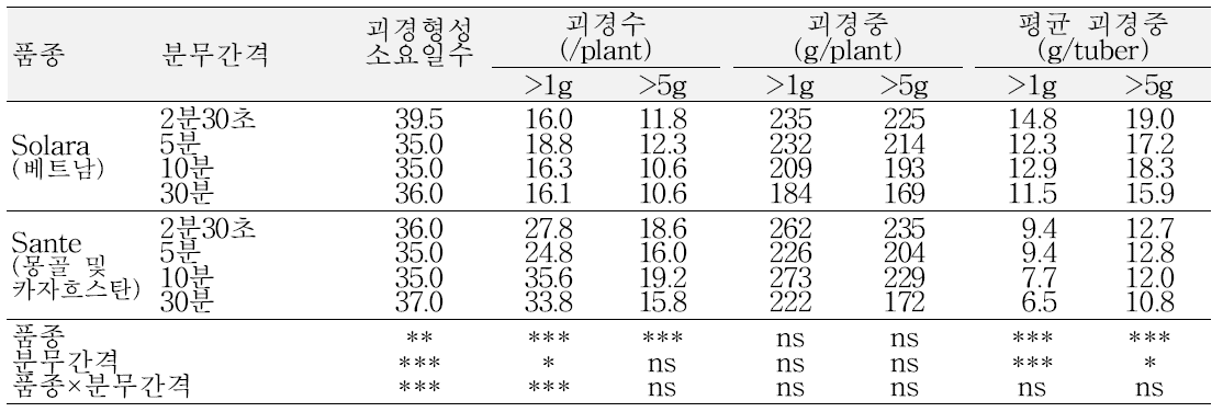 봄 재배 시 분무 간격에 따른 생장 및 수량 특성