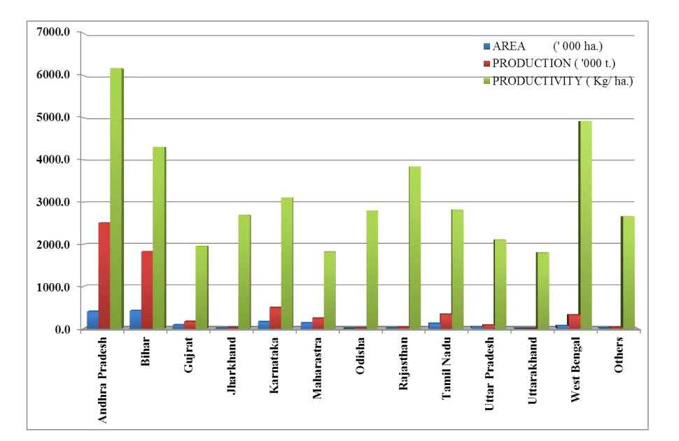 Rabi season(건기)의 지역별 옥수수 재배면적, 생산량, 생산성(2012∼2013년)