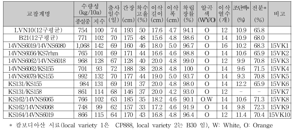 차년도 생본 공시용 선발 교잡계의 주요 생육특성