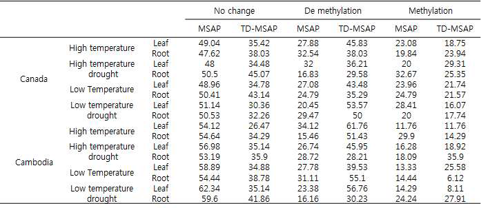 컨트롤과 스트레스 처리 식물들의 MSAP와 TD-MSAP 상호간의 비교 분석