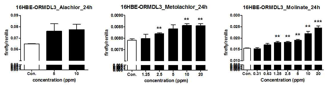 16HBE-ORMDL3 stable cell line에서 alachlor, metolachlor, molinate 처치 후 luciferase activity의 비율을 그래프화