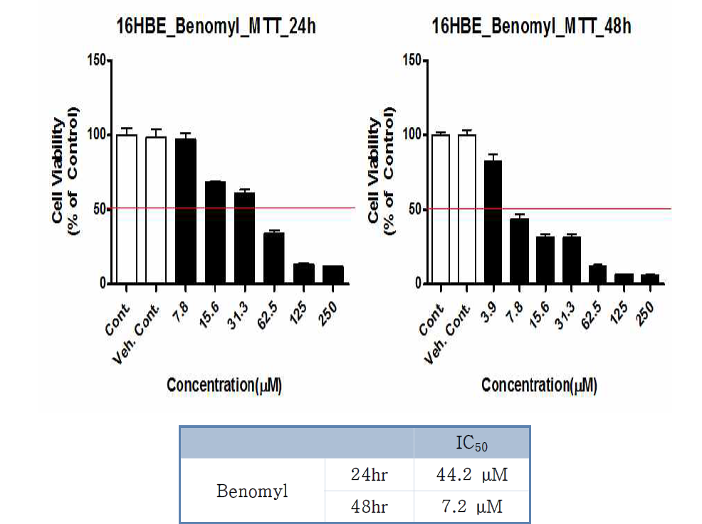 MTT assay를 이용한, 베노밀에 의한 16HBE14o-의 세포 생존률