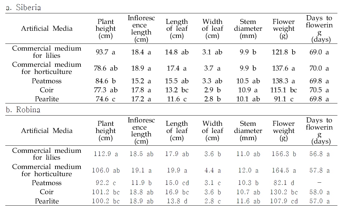 Growth characteristics of cut Lilium Oriental hybrid ‘Siberia’ and cut Lilium Oriental-trumpet hybird ‘Robina’ as affected by artificial media and planting date, May 27
