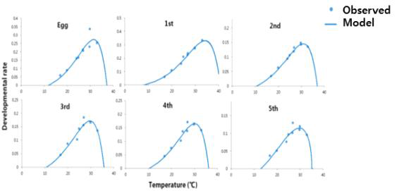 썩덩나무노린재의 각 연령별 온도에 따른 발육률 모델