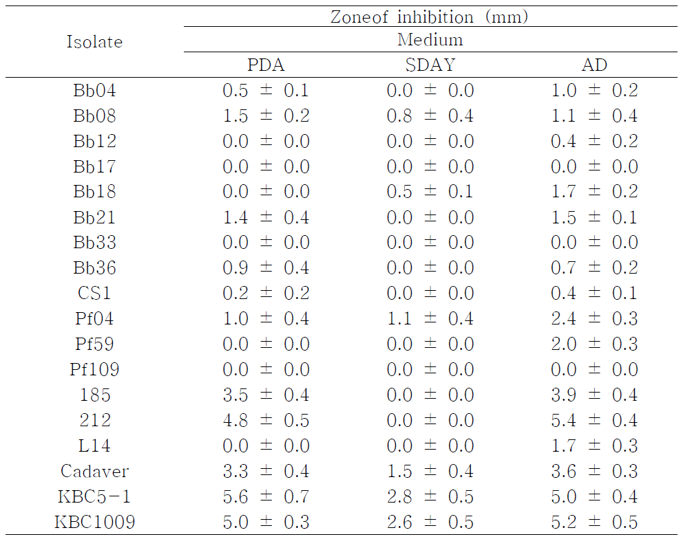곤충병원성 곰팡이들의 배양 배지 종류별 고추 탄저병균(Colletotrichum acutatum)에 대한 항균력