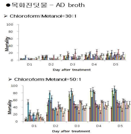 AD broth 배양 곰팡이 균주의 배양여액 컬럼크로마티그래피 분획의 목화진딧물에 대한 살충율