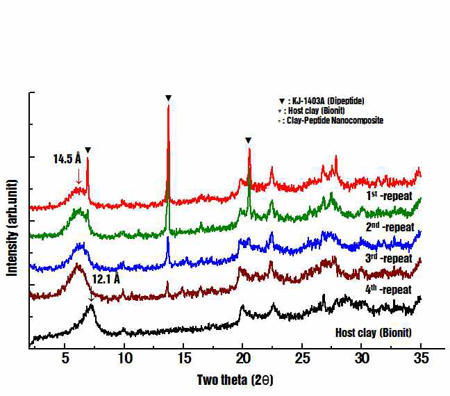 다이펩타이드와 층상규산염으로 만든 나노복합체의 XRD 분석 자료 (4th repeat에서, 1st repeat의 다이펩타이드의 피크가 사라지고 층간 거리가 14.5 Å인층상규산염 복합체가 형성됨을 알 수 있음)