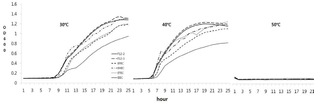 인체유래 병원성대장균과 베리에서 분리된 대장균의 온도별 생장곡선 비교