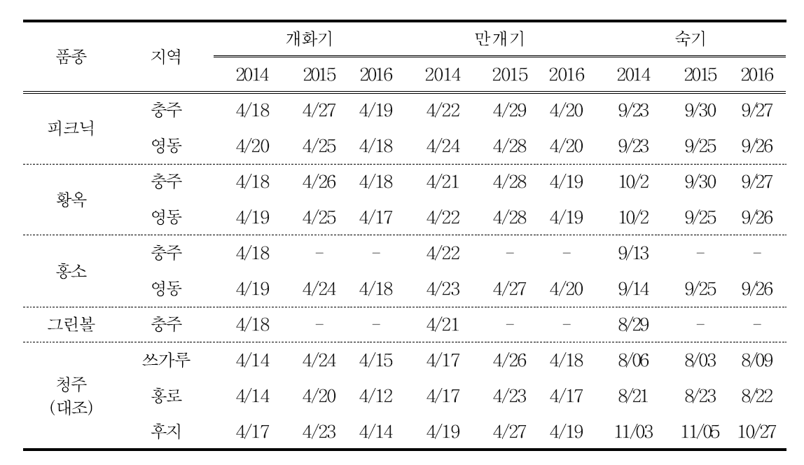 시험 품종별 개화 특성 및 숙기