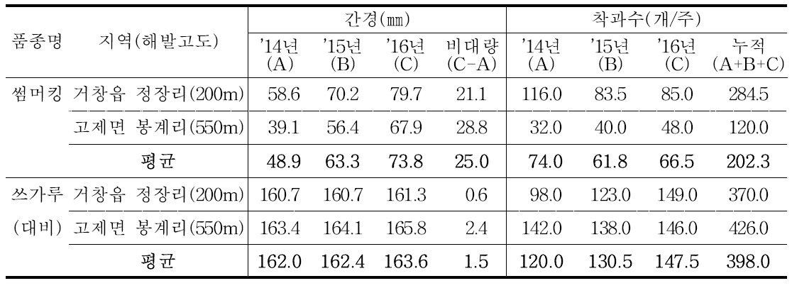 ‘썸머킹’ 품종의 간경 비대량 및 착과수