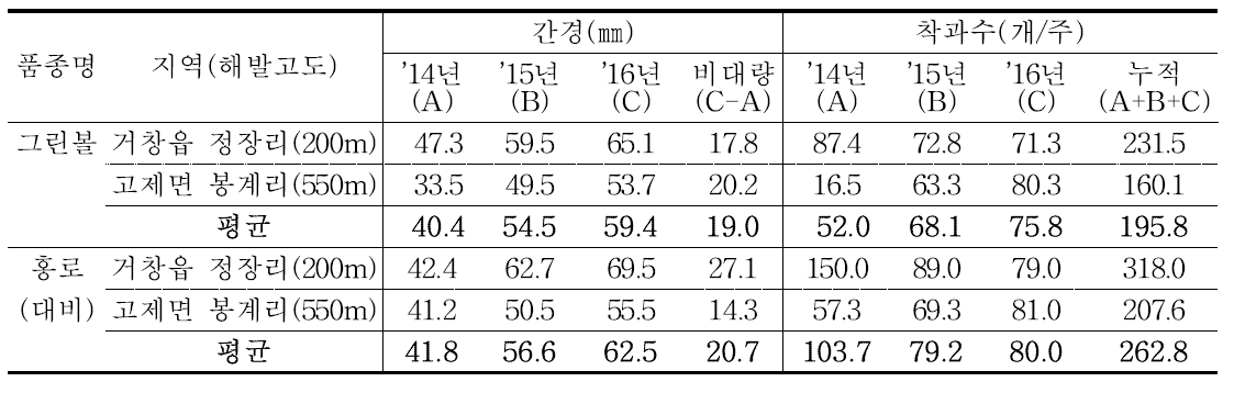 ‘그린볼’ 품종의 간경 비대량 및 착과수