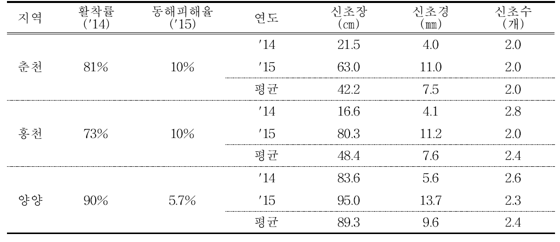 '원황'품종의 지역별 활착률 및 생육상황