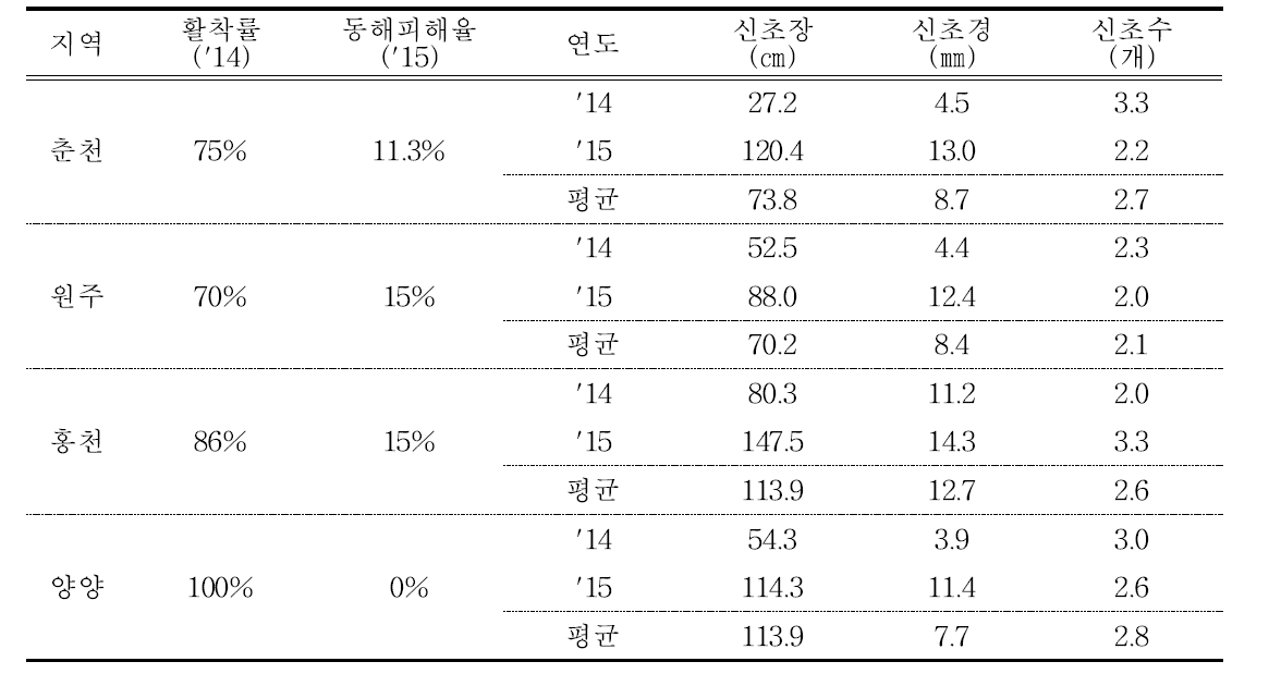 '만풍'품종의 지역별 활착률 및 생육상황