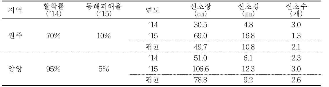 '슈퍼골드'품종의 지역별 활착률 및 생육상황