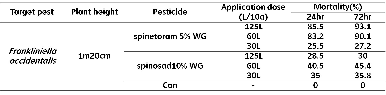 식물 초장(1m 20cm)에 따른 spinetoram 5%와 spinosad 10%의 살포물량별 꽃노랑총 채벌레의 사충률