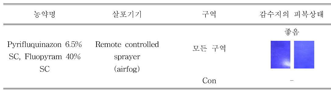 파프리카 시설재배지의 에어포그에 따른 구역별 감수지(170개) 피복 상태