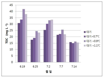 상승온도 처리별 논물의 TOC 함량 변화