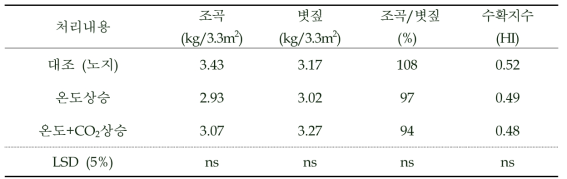상승온도와 상승 CO2 처리에 따른 벼 수확지수 (2015)