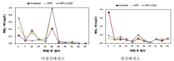 논물 중의 아질산태질소, 질산태질소 함량 변화