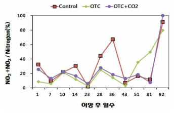 논물 중의 질산태질소 비율 변화 양상