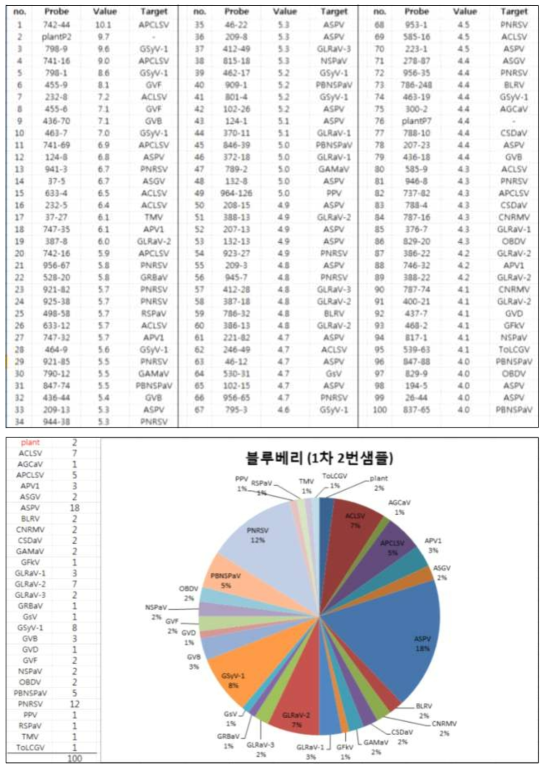 과수 바이러스 진단용 칩을 활용하여 포장에서 수집된 블루베리의 진단 결과