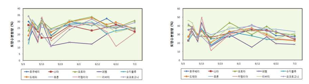 품종에 따른 토양수분함량 시계열 변화