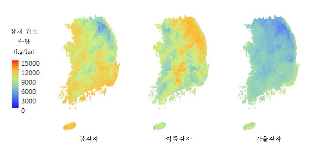 현재(2001-2010년) 지역별 봄, 여름, 가을 감자 잠재수량 지도