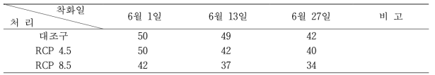 착화일 기준 적고추 수확까지의 소요일