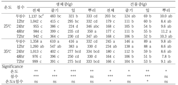 고추의 생체중과 건물중(정식후 75일, 처리후 21일)