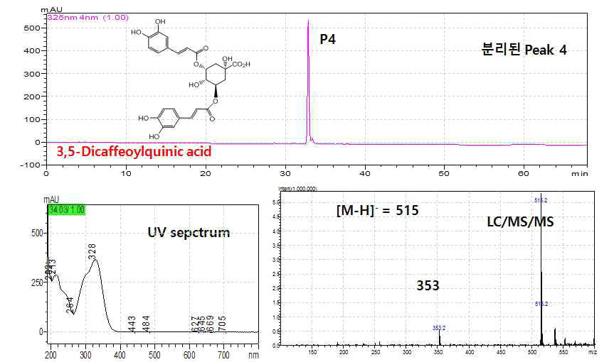 UV absoption spectrum, LC/MSMS spectrum, and HPLC chromatogram of isolated P4 compound.