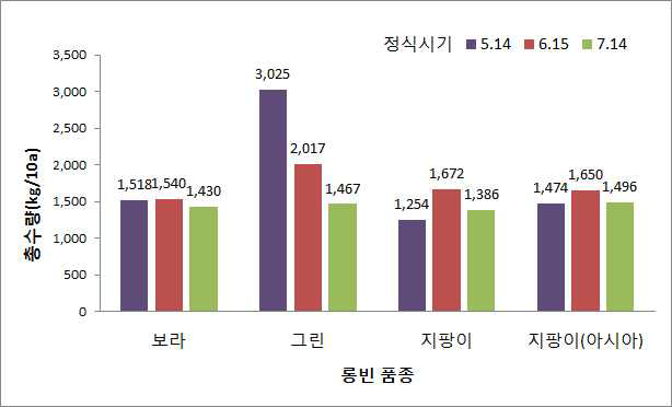 롱빈 정식시기에 따른 품종별 총수량 변화