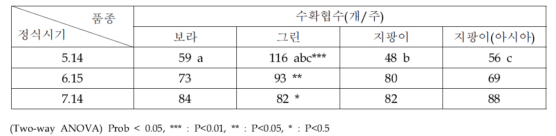 롱빈 정식시기와 품종에 따른 수확협수 비교