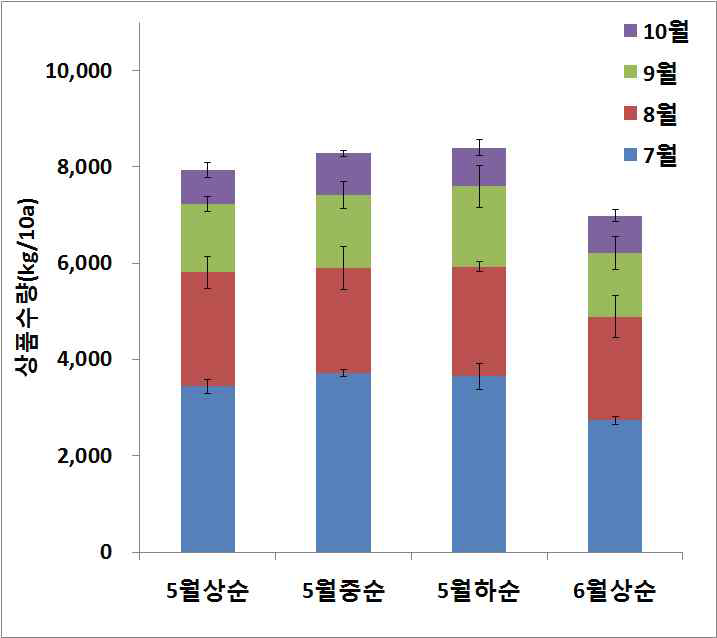 공심채 정식시기에 따른 월별 상품수량 변화